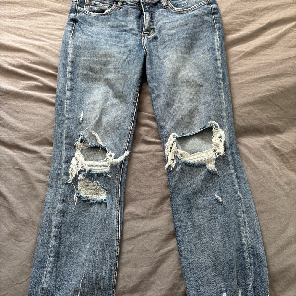 Classic Blue Distressed Women's Straight Leg Jeans